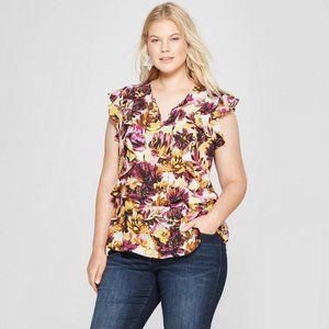 AVA VIV  Purple & Yellow Floral Print Ruffle Sleeveless Blouse Size 2X NWT!!